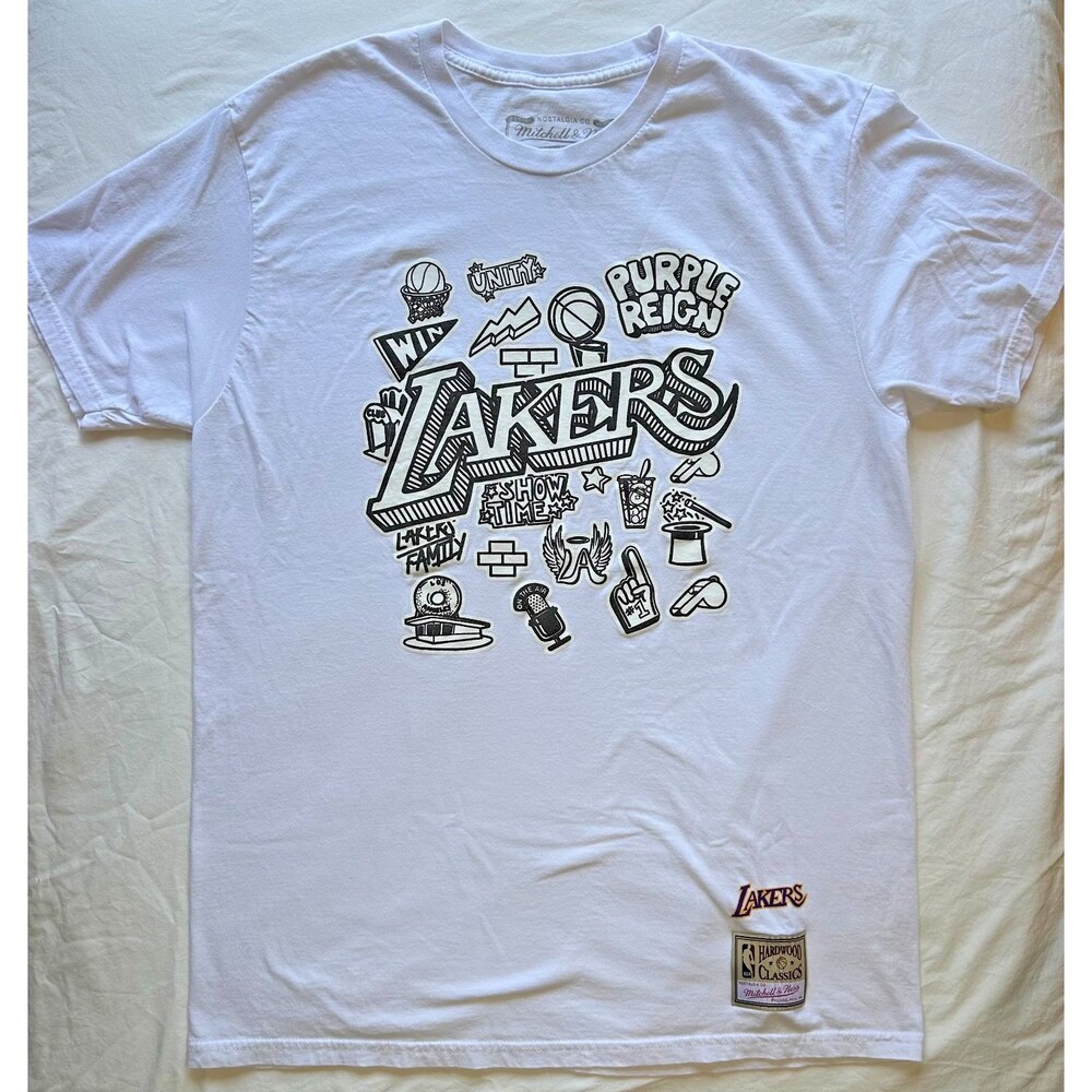 Mitchell & Ness NBA Los Angeles Lakers Doodle White T-Shirt Adult Mens L Large